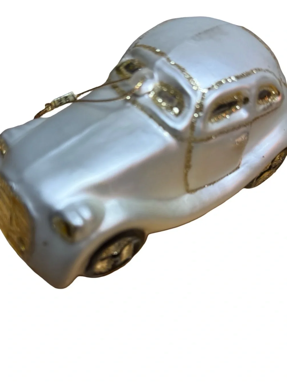 Pearlescent White Vintage Car Ornament with Gold Accents